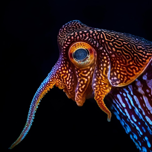 A blue and orange squid with a long nose and a long pointed nose.