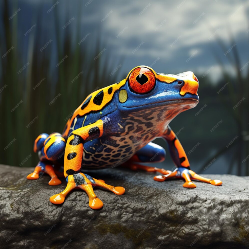 Premium AI Image | a blue and orange tree frog is on concrete