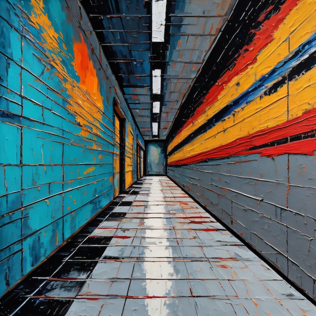 A blue and orange wall with a yellow and red line on it