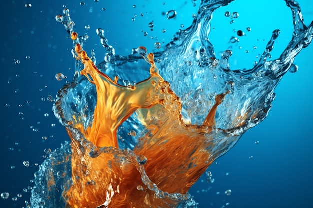 A blue and orange water splash with a blue background