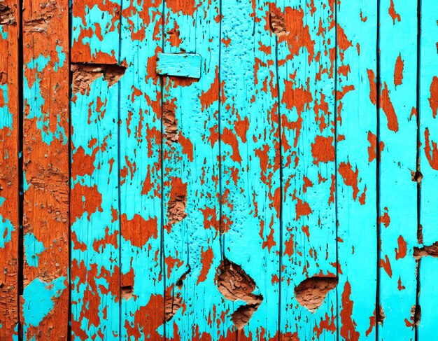 Photo a blue and orange wooden wall with peeling paint.