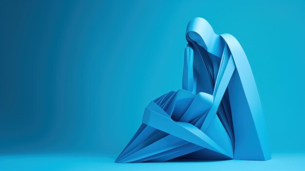 Blue origami rabbit isolated on blue background 3d render illustration generative ai