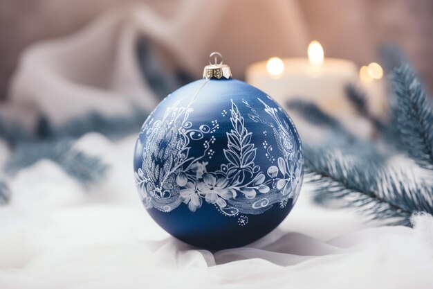 A blue ornament with white flowers and a candle on a white background