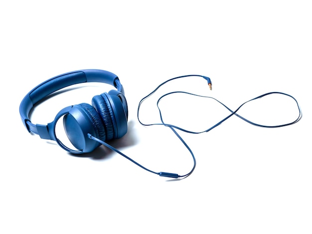 Blue overhead wired headphones Isolated on white background