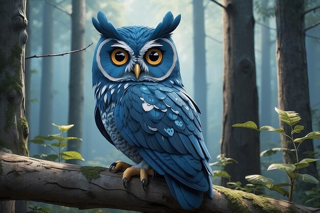 Photo a blue owl sits on a branch in the woods