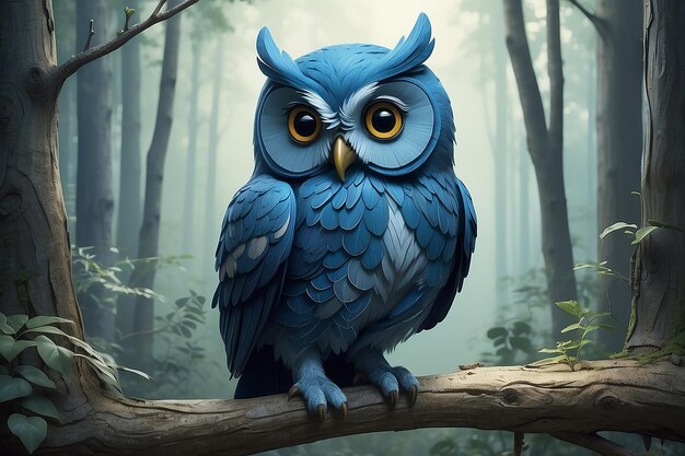 Photo a blue owl sits on a branch in the woods