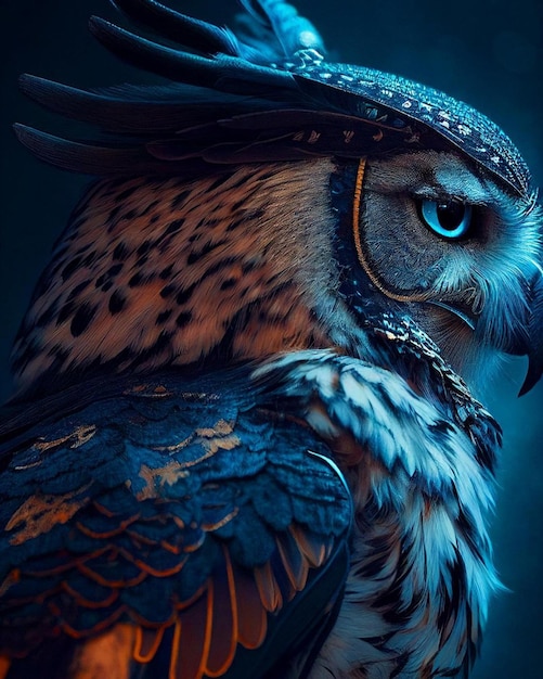 A blue owl with a blue eye and a blue eye