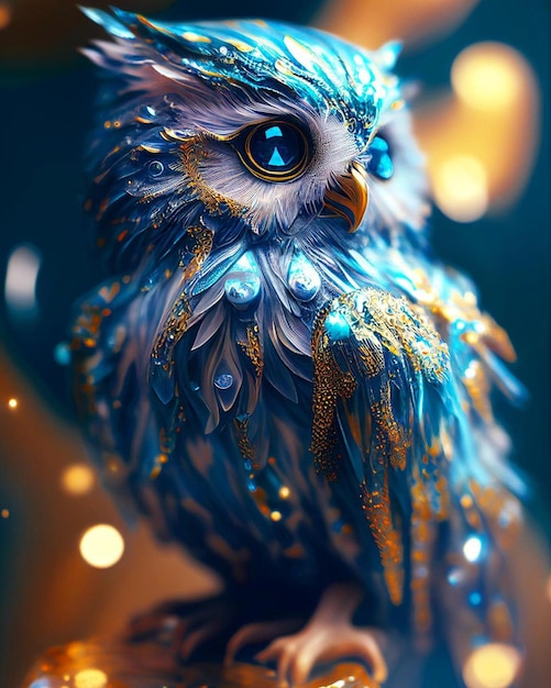 A blue owl with a blue feathered eye and a gold feather.