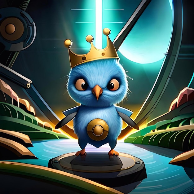 A blue owl with a crown on his head is standing on a platform with a fan in the background.