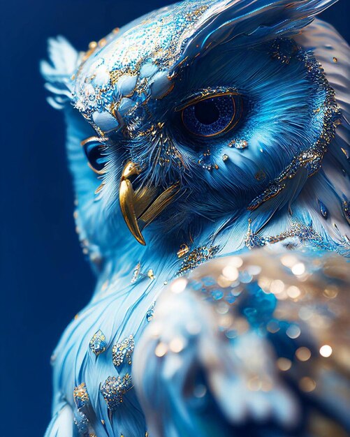 A blue owl with gold glitter on its face