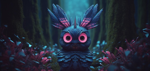 A blue owl with pink eyes stands in a forest with a blue background.