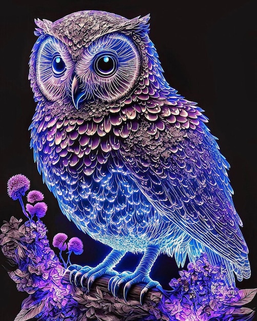 A blue owl with a purple background