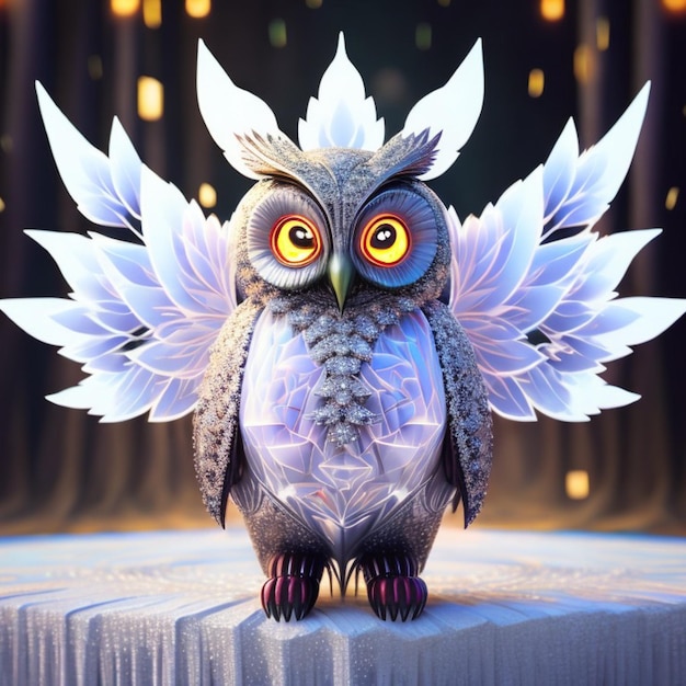 A blue owl with wings that says'the wings'on it