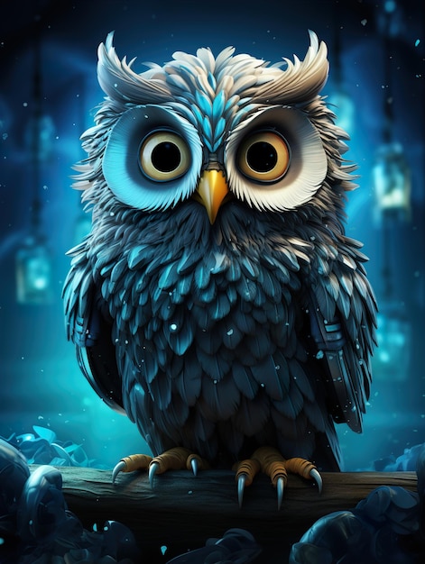 a blue owl with yellow eyes and a sign that says  owl