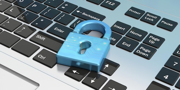 Blue padlock on a computer keyboard 3d illustration