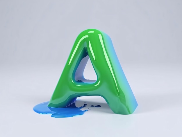 Foto lettera di vernice blu un carattere di carattere verde lucido in maiuscolo renderizzato in 3d isolato su sfondo bianco
