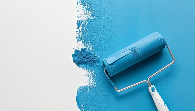 Photo a blue paint roller is being used to paint a wall by ai generated image