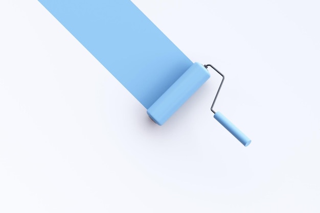 Photo blue paint roller with color trail over white background