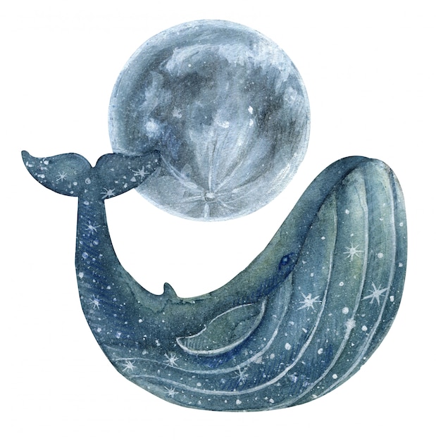 Blue painted whale with stars and moon.