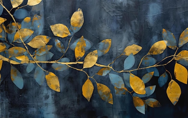 blue painting with gold leaf and black in the style of leaf patterns