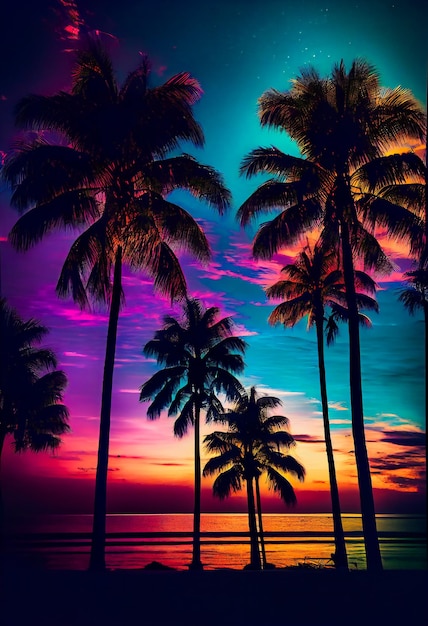 Фото Голубые пальмы на закате генеративный aixa