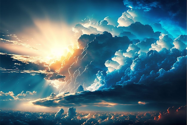 Голубая панорама неба на закате с облаками и солнцем Generative Ai
