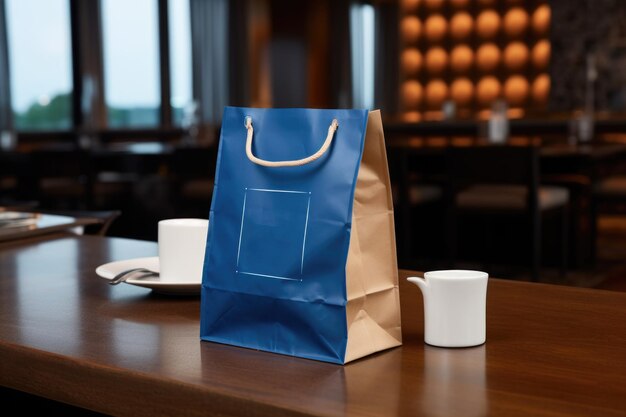 A blue paper bag is on the table in the restaurant