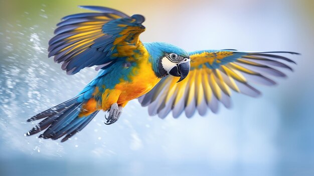 Blue parakeet flying above water surface colorful background