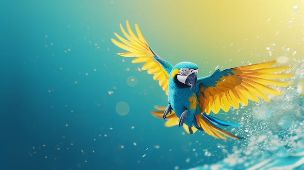 Blue parakeet flying above water surface colorful background