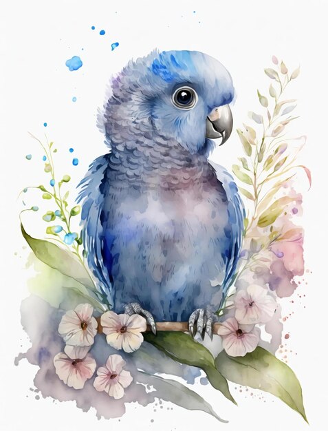 A blue parrot sits on a branch with flowers and leaves.