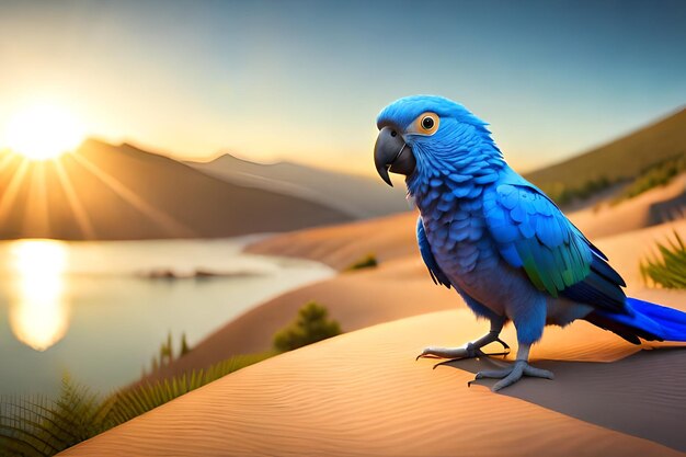 A blue parrot sits on a sand dune in the desert.