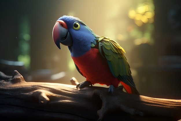 A blue parrot with a red chest and yellow eyes sits on a branch.