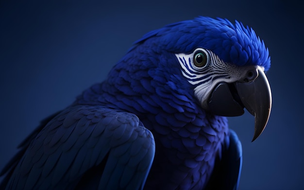 A blue parrot with white markings on its face