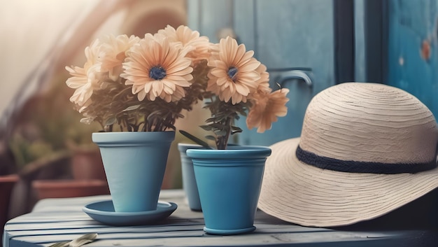 Blue Pastel Travel Concept with Sunhat and Flower Pot