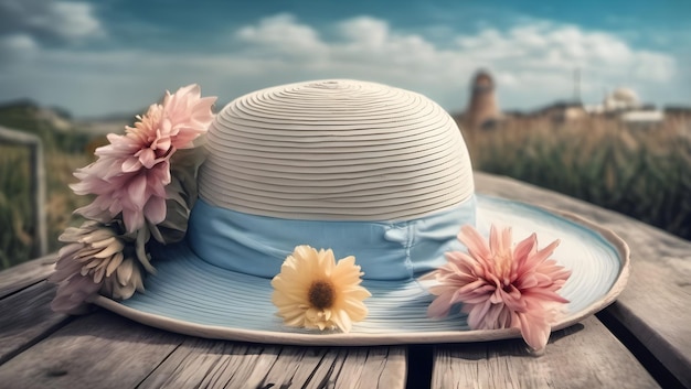 Концепция синего пастельного путешествия с шляпой от солнца и цветочным горшком