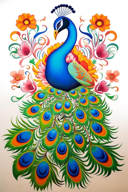 Blue Peacock on white Feng shui art abstract