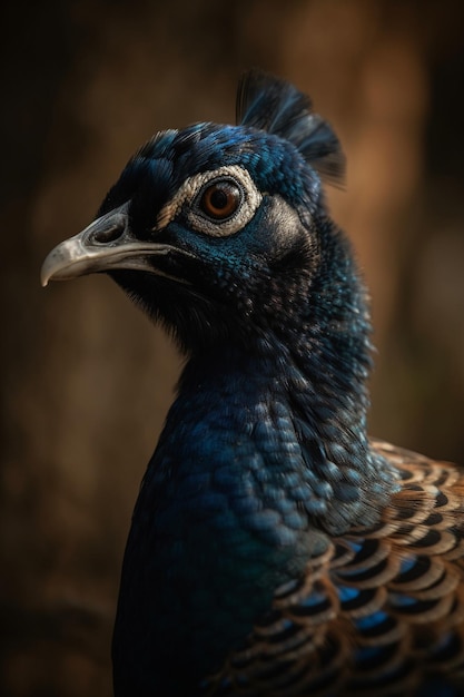 A blue peacock with a blue head and a brown background.