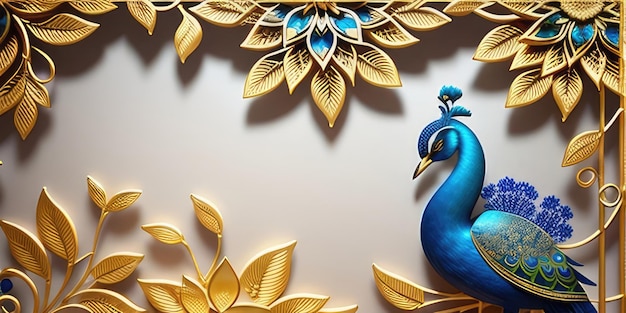 A blue peacock with a exotic flower golden tropical floral tree leaf branches AI generated
