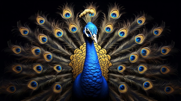 A blue peacock with gold and silver feathers