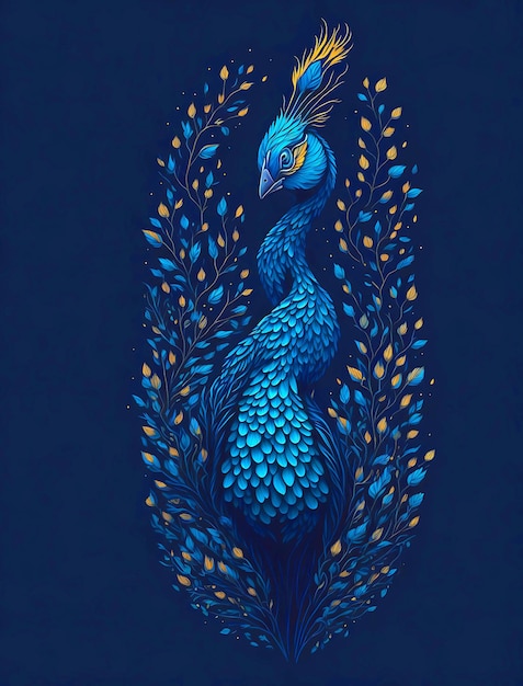 A blue peacock with yellow eyes is shown on a blue background.