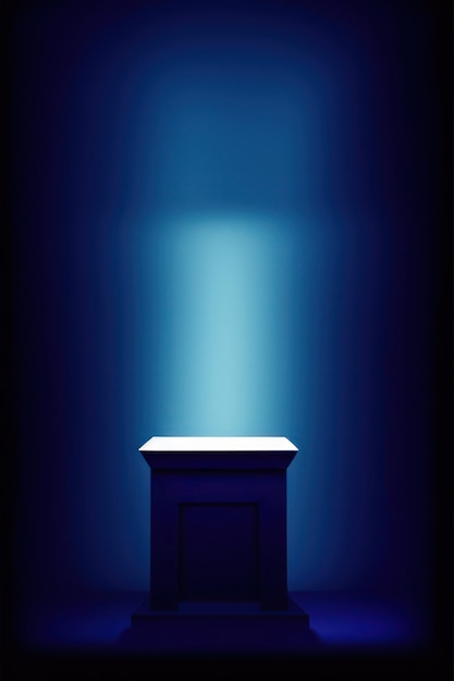 Blue pedestal on dark background with spotlight product podium stage for display product 3d render