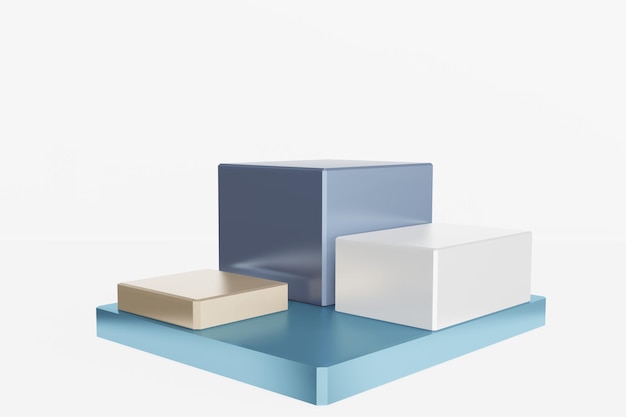 상자 스탠드 개념의 파란색 받침대 디스플레이. 브랜드 홍보 제품을 위한 연단, 사실적인 3d 디지털 렌더링