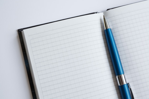 Blue pen lies on white sheet of black notebook