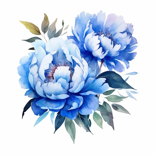 Photo blue peonies on a white background with green leaves