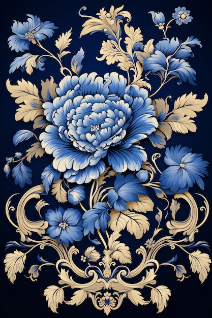 Blue Peony Flower Gold Leaves ornamental Design Illustration