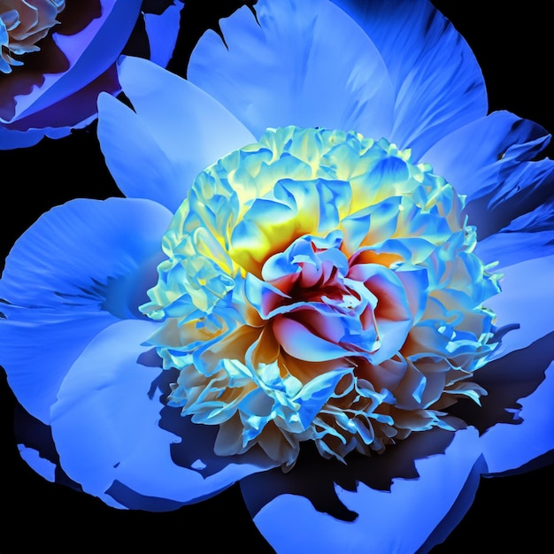 Blue peony flower with yellow stamens on an isolated black background with clipping path