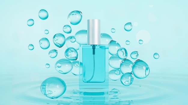 blue perfume bottle mockup with bubbles on blue background unisex perfume packaging 3d render