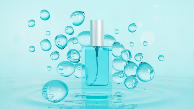 Blue perfume bottle mockup with bubbles on blue background unisex perfume packaging 3d render