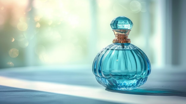 A blue perfume bottle with a gold top sits on a table
