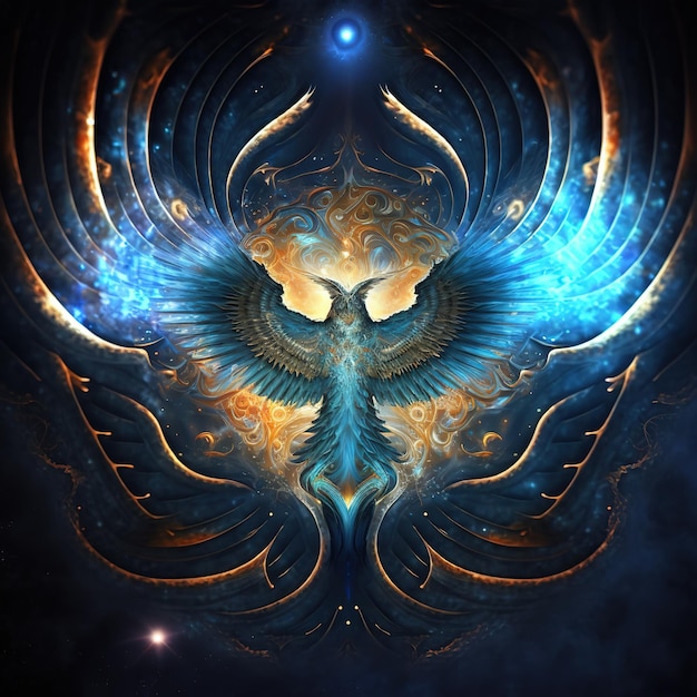 Photo a blue phoenix bird with a blue and gold background